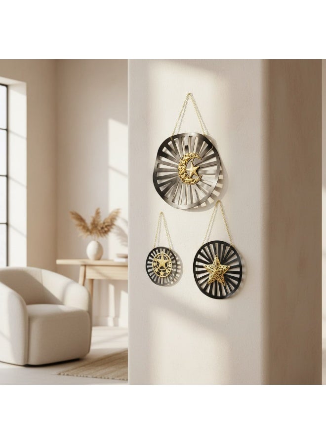 3-Piece Ramadan Metal Wall Decor Set - Black & Gold - Crescent & Stars Design with Hanging Chains - Image 4